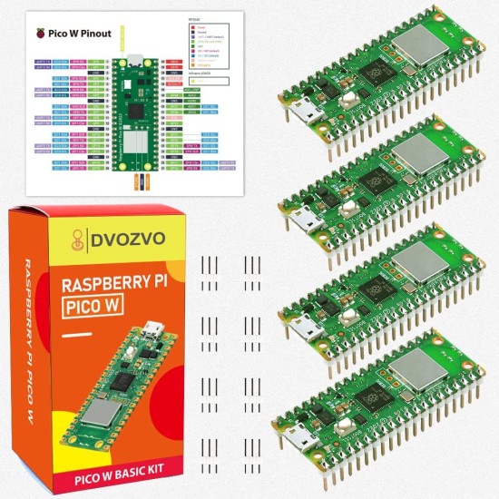 DVOZVO 4Pack Raspberry Pi Pico W with Pre-Soldered Headers, Raspberry Pi RP2040 Chip, WiFi Wireless Connectivity DVOZVO 4Pack Raspberry Pi Pico W with Pre-Soldered Headers, Raspberry Pi RP2040 Chip, WiFi Wireless Connectivity