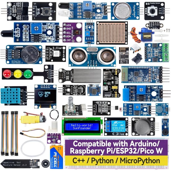 SunFounder Universal Maker Sensor Kit Compatible with Arduino Mega 2560/Uno R3/R4 Minima/WiFi Nano, Raspberry Pi 5/4B/3B+/Zero 2 W/, Pico W, ESP32, C++, Python, MicroPython, Beginners & Engineers SunFounder Universal Maker Sensor Kit Compatible with Arduino Mega 2560/Uno R3/R4 Minima/WiFi Nano, Raspberry Pi 5/4B/3B+/Zero 2 W/, Pico W, ESP32, C++, Python, MicroPython, Beginners & Engineers