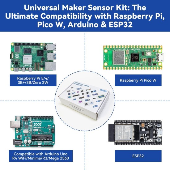 SunFounder Universal Maker Sensor Kit Compatible with Arduino Mega 2560/Uno R3/R4 Minima/WiFi Nano, Raspberry Pi 5/4B/3B+/Zero 2 W/, Pico W, ESP32, C++, Python, MicroPython, Beginners & Engineers SunFounder Universal Maker Sensor Kit Compatible with Arduino Mega 2560/Uno R3/R4 Minima/WiFi Nano, Raspberry Pi 5/4B/3B+/Zero 2 W/, Pico W, ESP32, C++, Python, MicroPython, Beginners & Engineers