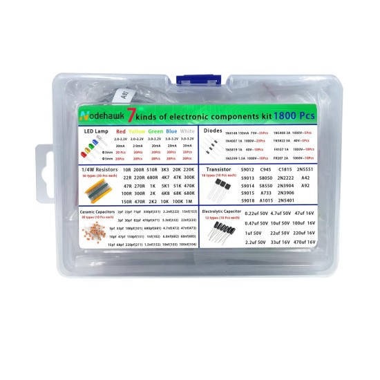 1800 Pcs Electronic Component Kit - 7 Types LED Diodes, Resistors, Capacitors, Ceramic Capacitors, Transistors, Diodes - for DIY Projects, Electronics Hobbyists 1800 Pcs Electronic Component Kit - 7 Types LED Diodes, Resistors, Capacitors, Ceramic Capacitors, Transistors, Diodes - for DIY Projects, Electronics Hobbyists