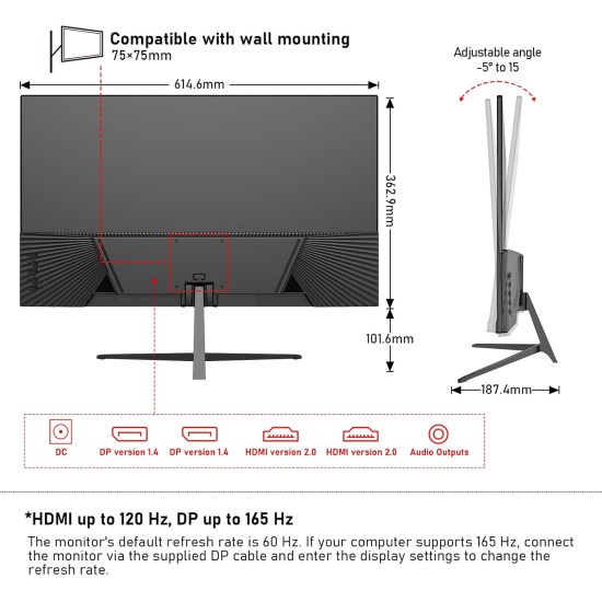 27 inch 2K QHD(2560×1440) PC Screen, 165Hz Gaming Monitor, 1ms Without Bezel, FreeSync,98% sRGB, 178° Wide Viewing Angle, HDMI2.0、DisplayPort, 75 * 75MM Wall Mount Compatible - Black 27 inch 2K QHD(2560×1440) PC Screen, 165Hz Gaming Monitor, 1ms Without Bezel, FreeSync,98% sRGB, 178° Wide Viewing Angle, HDMI2.0、DisplayPort, 75 * 75MM Wall Mount Compatible - Black
